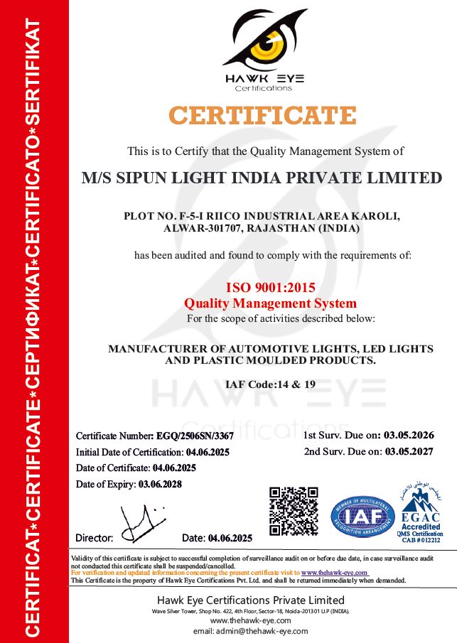 ISO 9001:2015 certificate issued to SIPUN Light India Private Limited